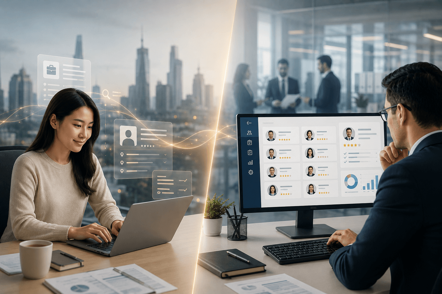 Job seeker using Career Intelligence and recruiter reviewing candidates with Talent Intelligence